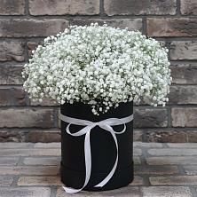 Цветочная композиция из Гипсофила в шляпной коробке в Даховской